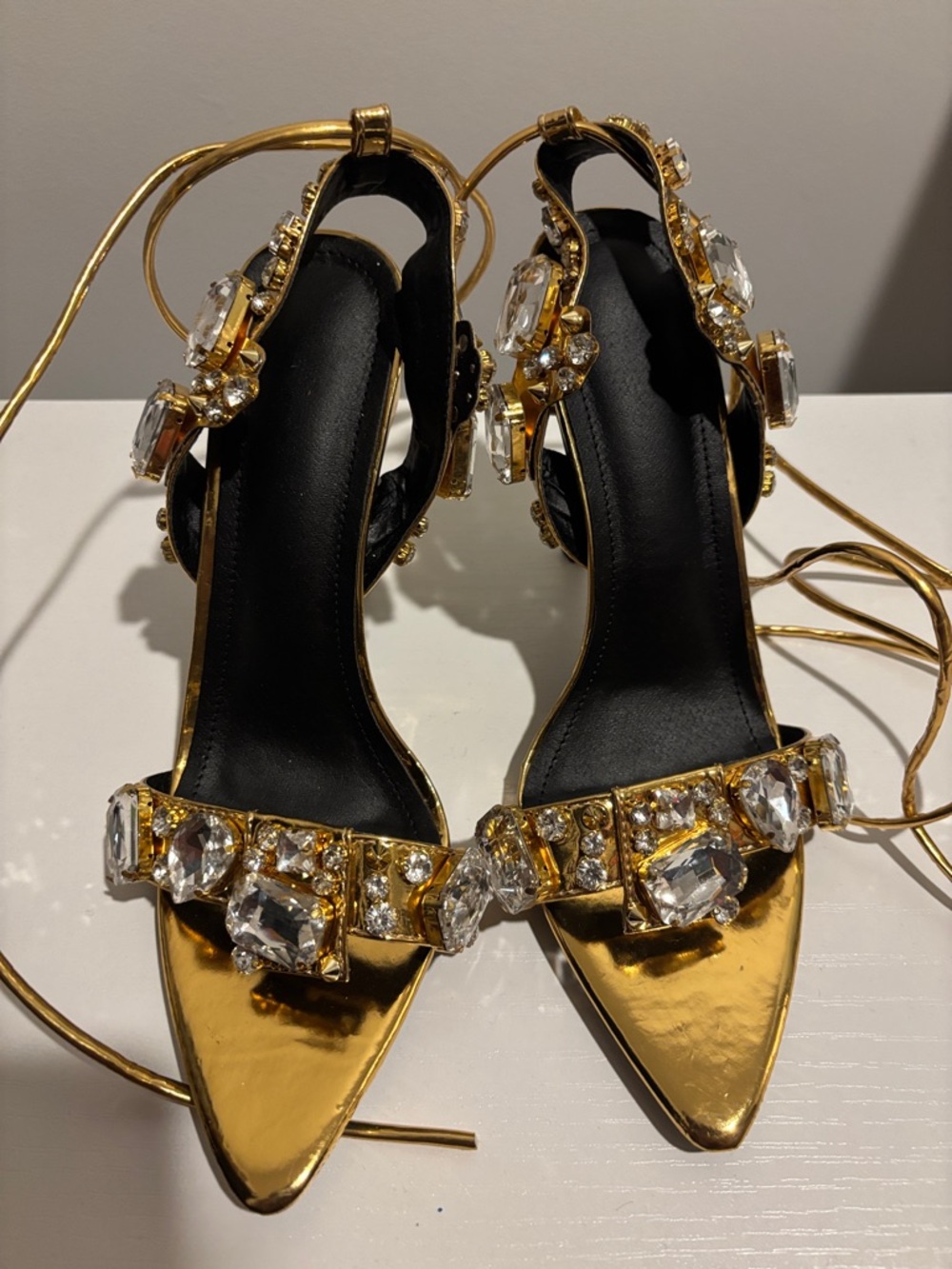 Gold Jeweled Women's High Heel Sandals with Crystal Embellishments